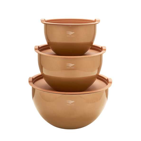 Lot de 3 saladiers inox effet cuivré avec couvercles