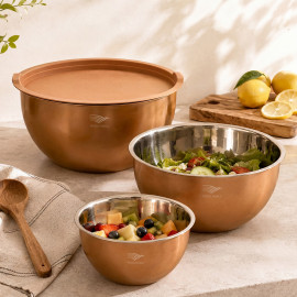 Lot de 3 saladiers inox effet cuivré avec couvercles
