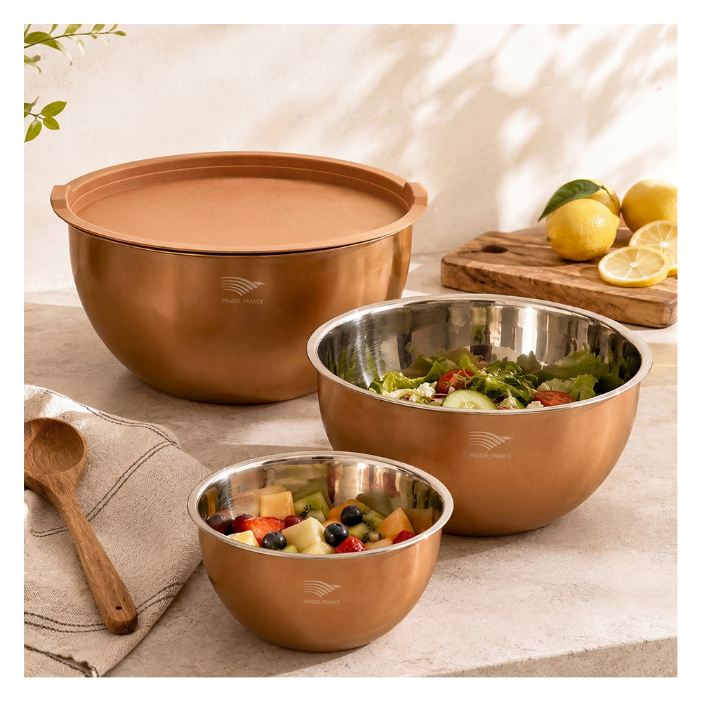 Lot de 3 saladiers inox effet cuivré avec couvercles