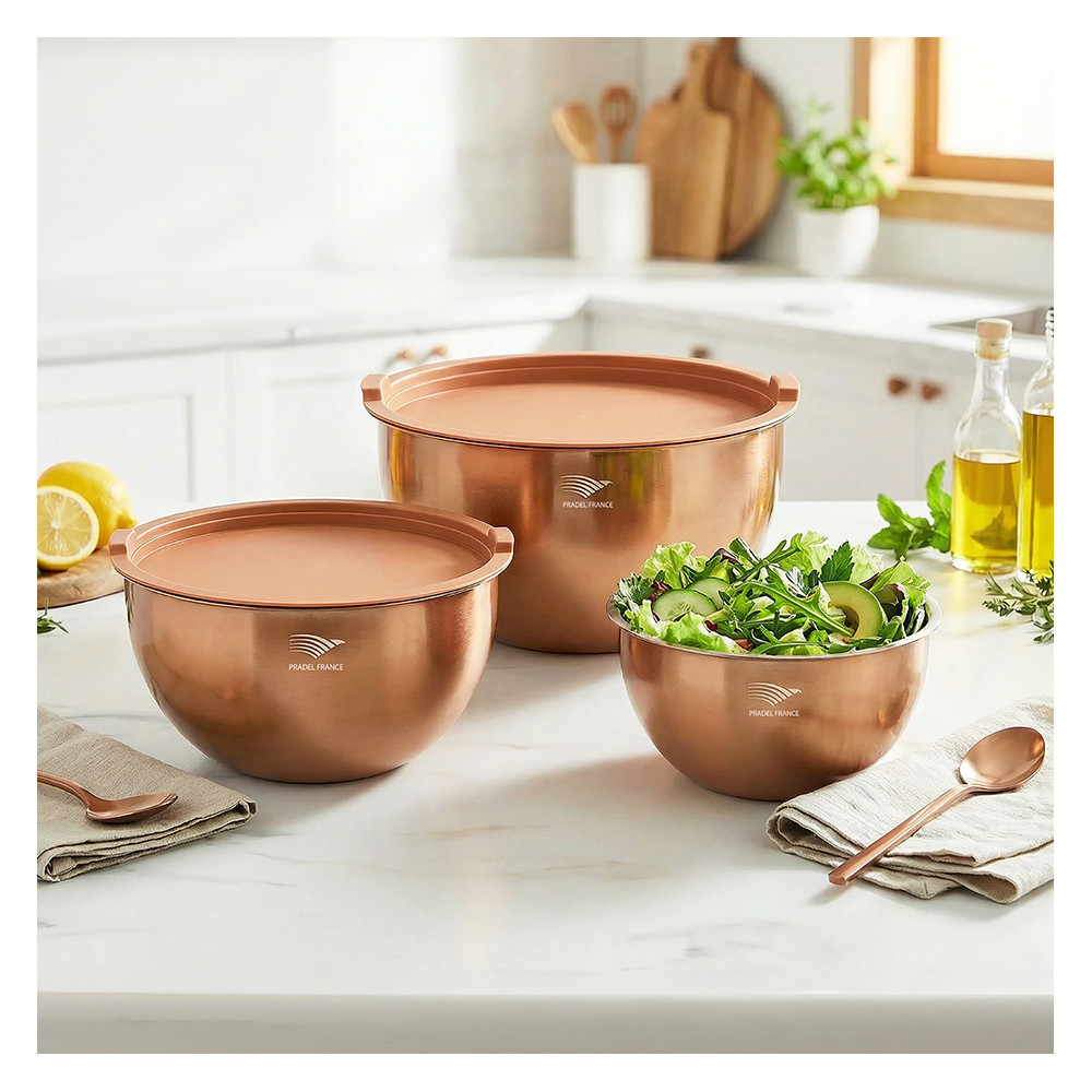 Lot de 3 saladiers inox effet cuivré avec couvercles