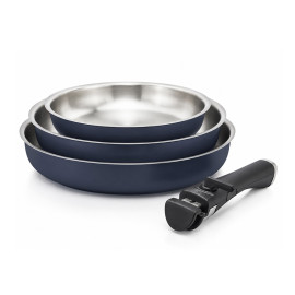 Lot de 3 poêles inox coloris Navy blue + 1 manche amovible