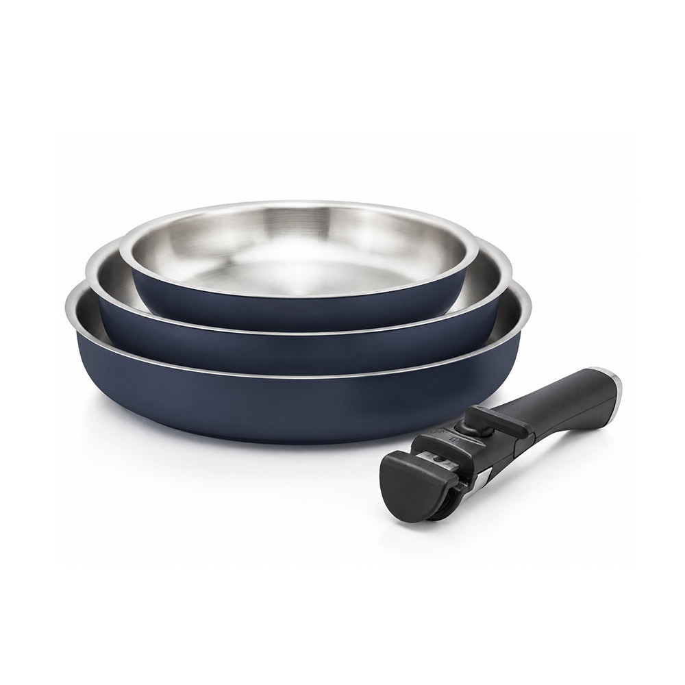 Lot de 3 poêles inox coloris Navy blue + 1 manche amovible