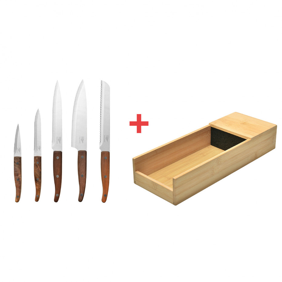Livoo Set De 5 Couteaux De Cuisine Avec Support Magnétique - Manche Hévéa - Acier Inoxydable