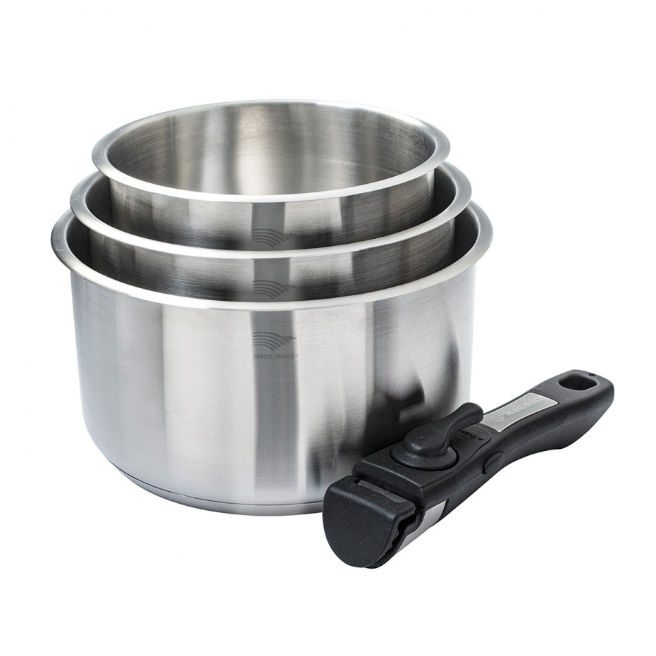 Lot de 3 casseroles inox + 1 manche amovible Pradel France