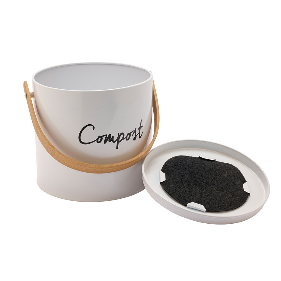 Seau à Compost De Cuisine 3,5 Litres Relaxdays - Filtre à Charbon Actif, Couvercle Aéré, Anse, En Fer Et Bois - Noir, Pour épluchures, Sans Odeur