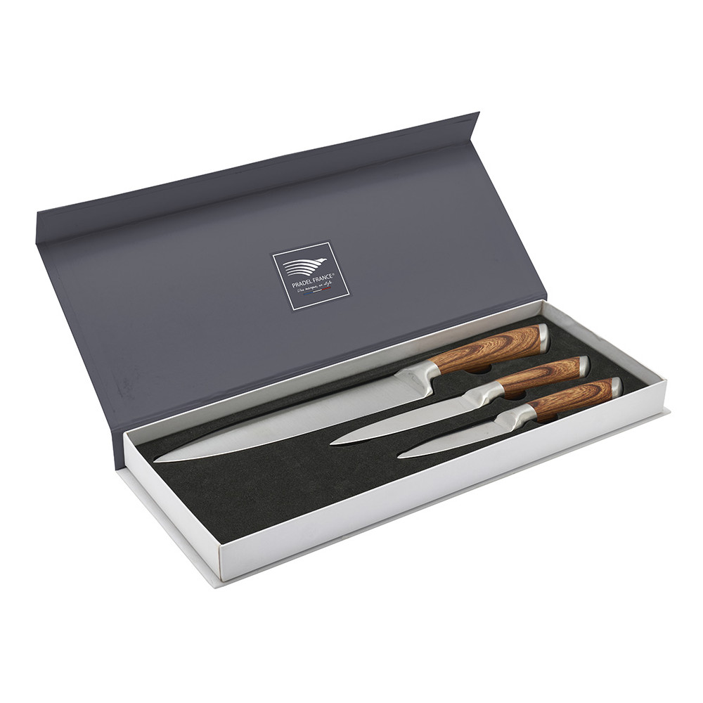 Coffret 3 couteaux tout inox effet bois