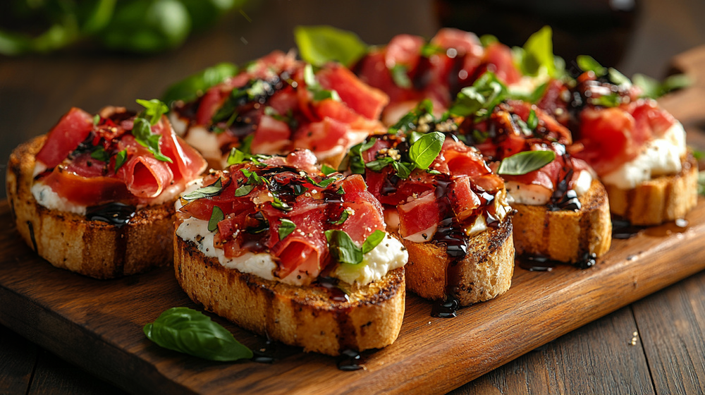 Les ingrédients pour des bruschettas jambon de parme et burrata