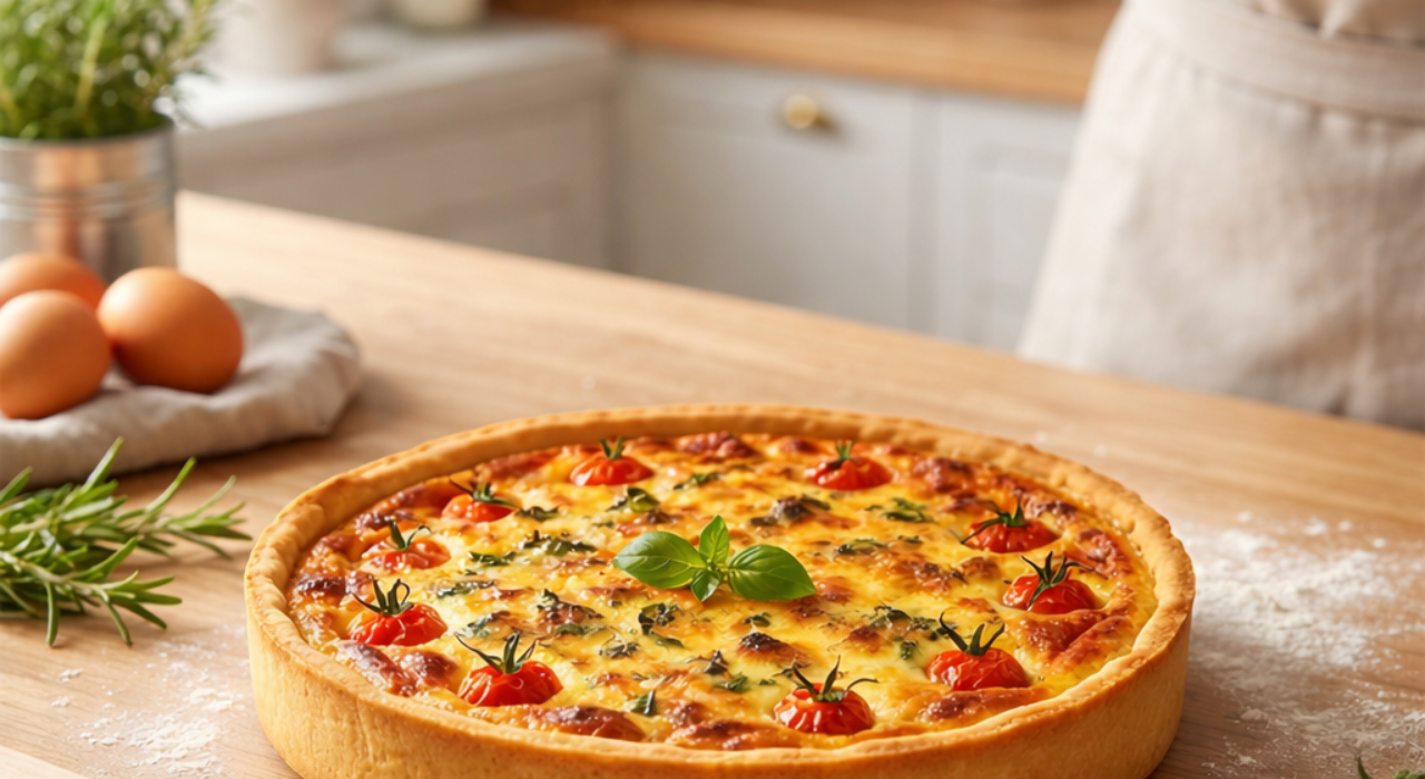 Quiche aux tomates cerises, fromage et herbes fraîches