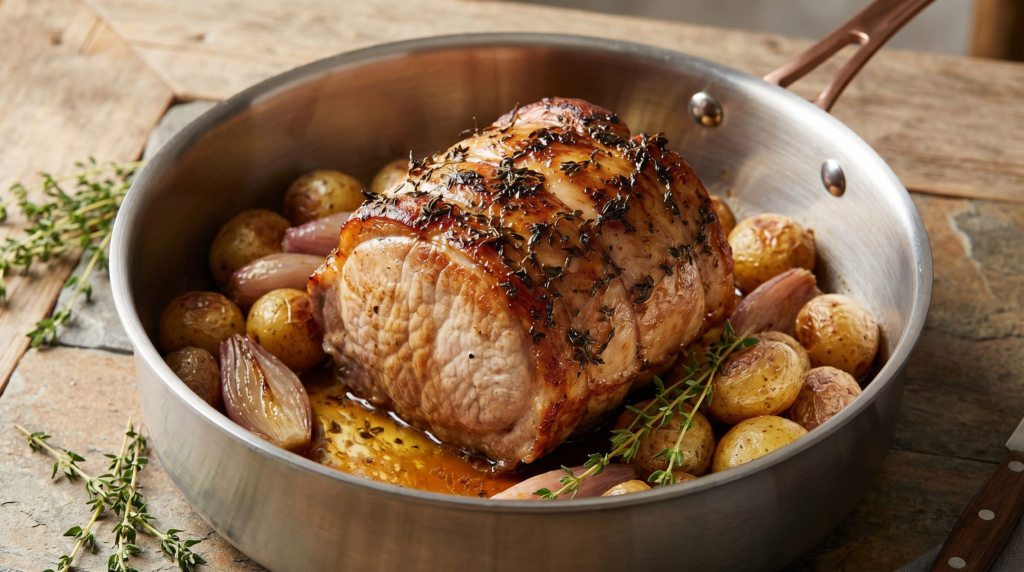 Les ingrédients pour un rôti de porc au thym, échalotes et pommes de terre