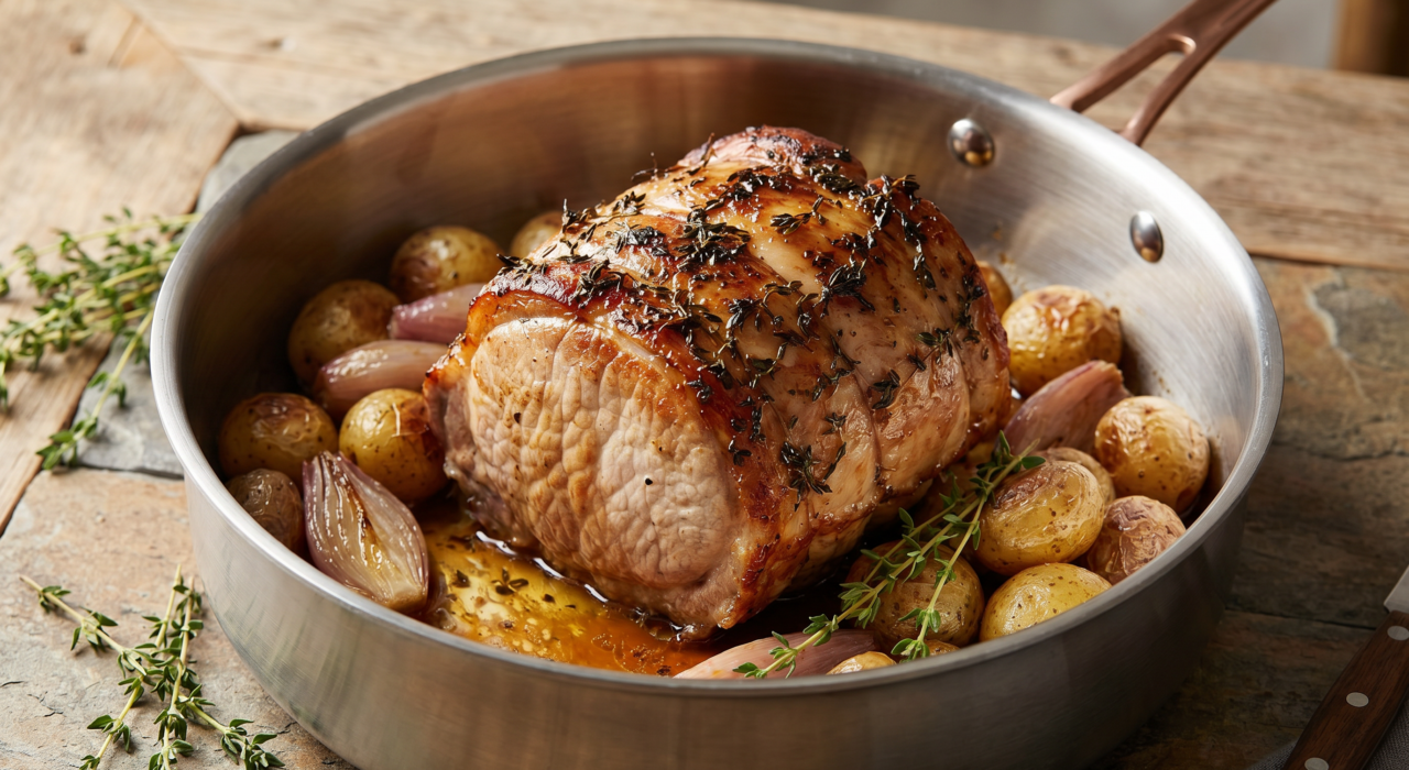 Rôti de porc au thym, échalotes et pommes de terre