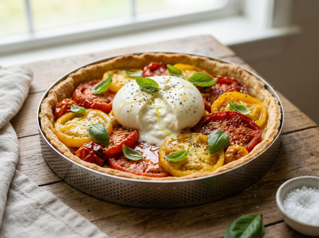Les ingrédients pour une tarte tomates, burrata et basilic