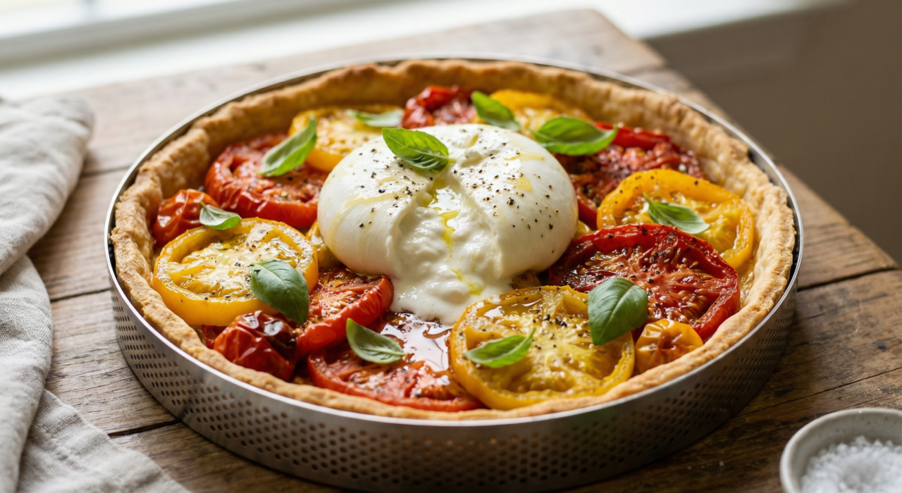 Tarte tomates, burrata & basilic