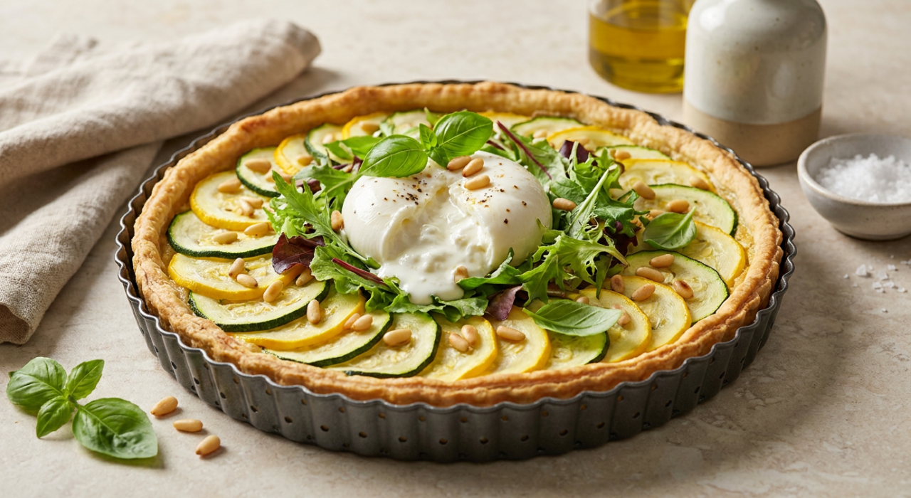 Tarte fine aux courgettes, burrata & pesto