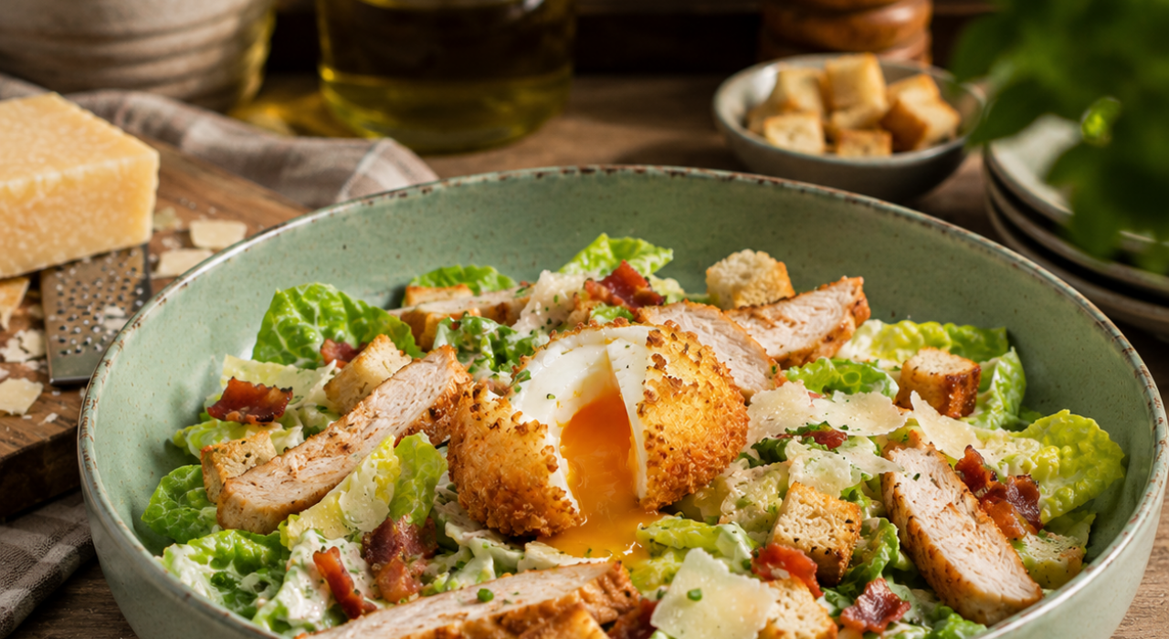 Salade César et son oeuf frit