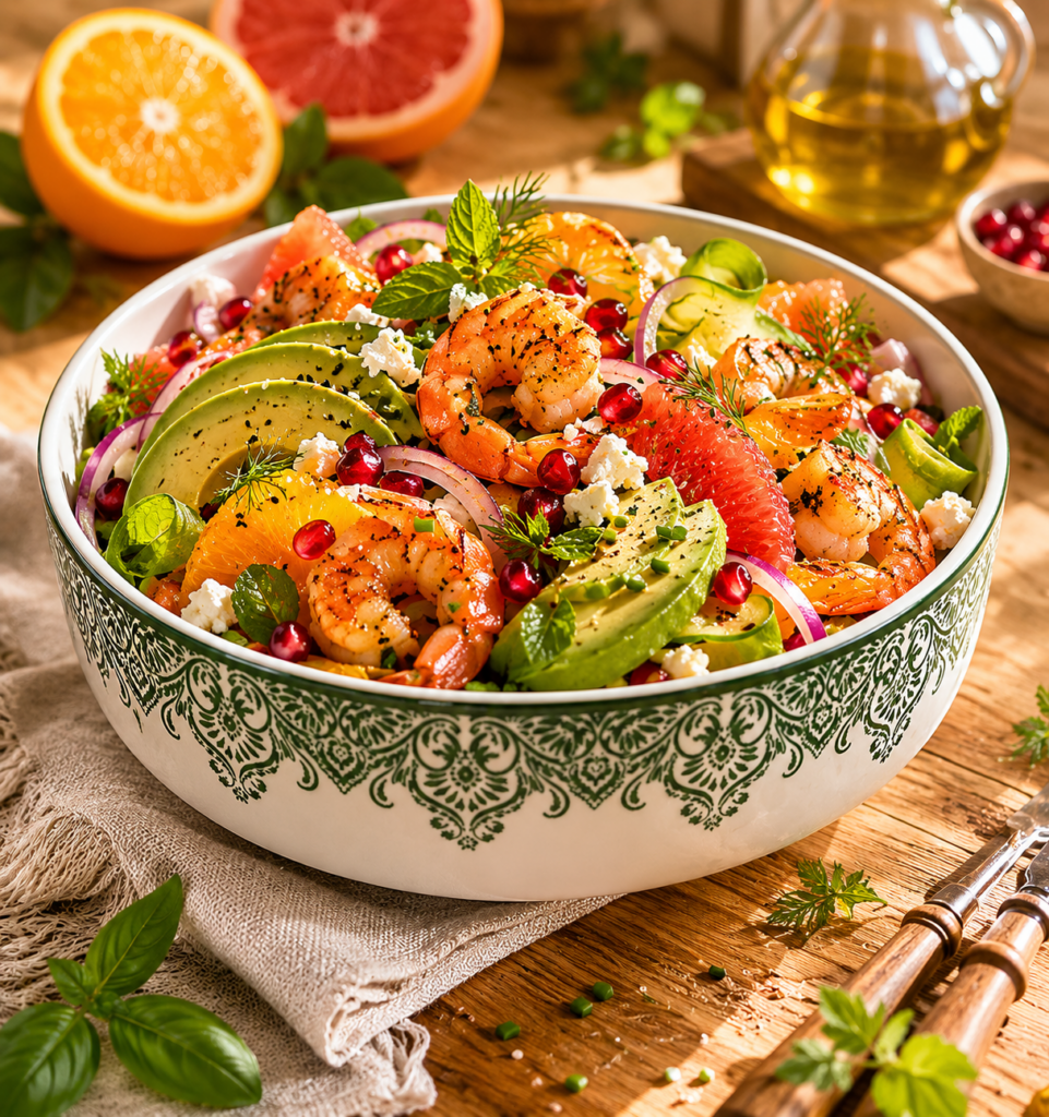 Les ingrédients pour la salade fraîcheur crevettes et agrumes