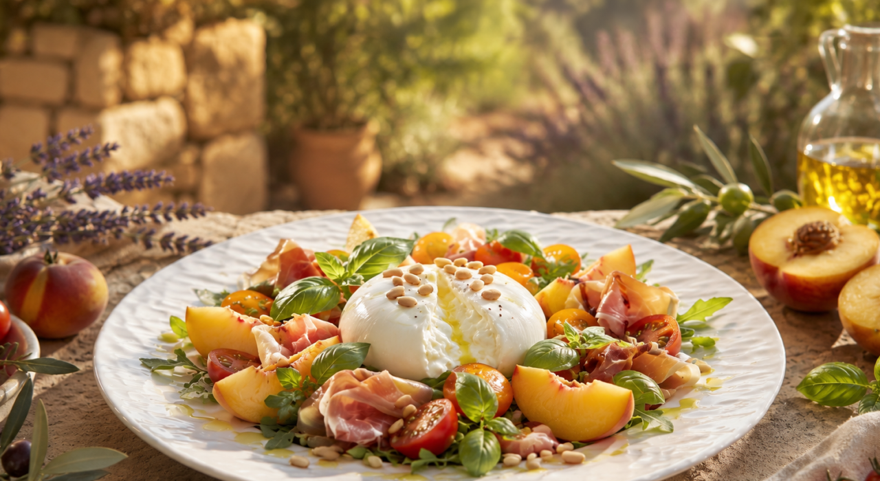 Salade estivale burrata, pêches, tomates cerises et jambon de Parme