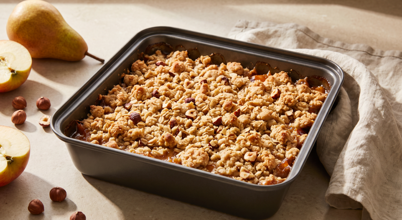Crumble pommes, poires et noisettes